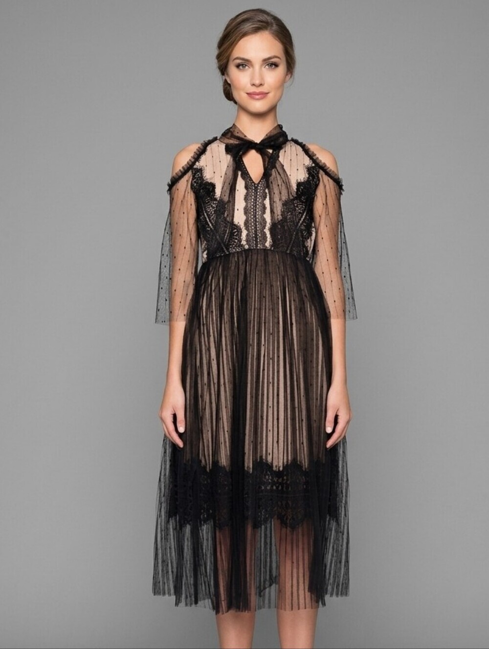 True Decadense Arleth Black Nude Tulle Women's Midi Size 10 NWT